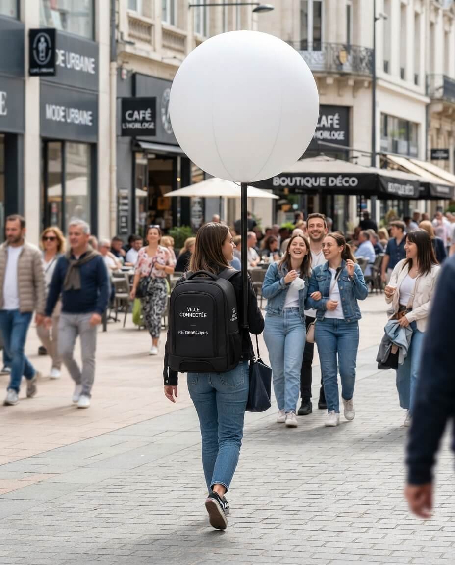 vue de dos d'une hotesse portant un ballon sac à dos personnalisé lors d'un évènement